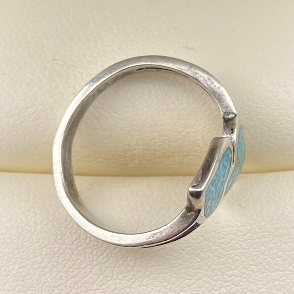 Vintage Sterling Silver Adjustable Ring Turquoise Chip Inlay Double Heart Love - Picture 4 of 12